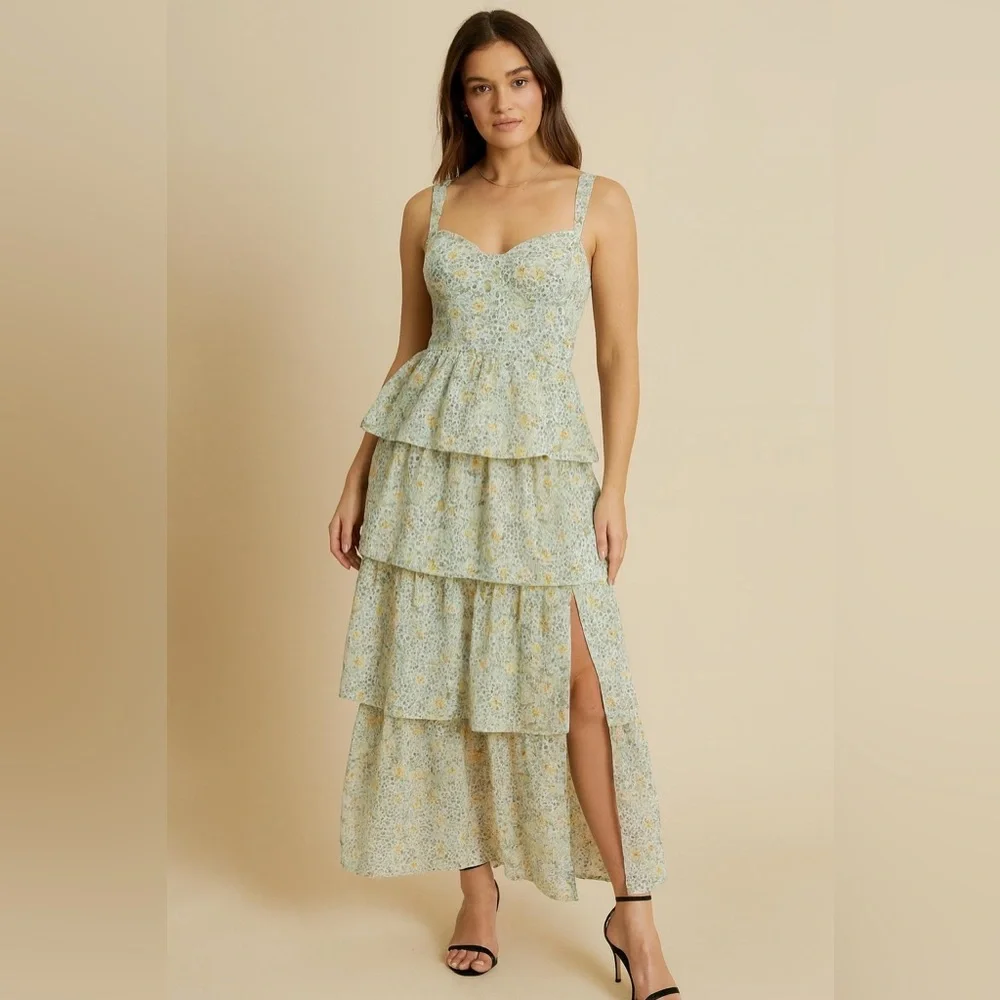 Astr The Label | Midsummer Floral Tiered Maxi Dress | Size L | LT Mint Multi Floral